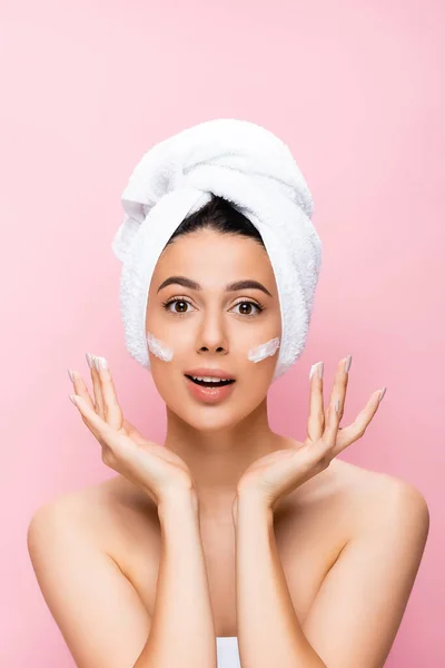 Surprised Beautiful Woman Towel Hair Cosmetic Cream Face Isolated Pink — Stock Photo, Image