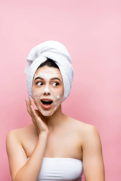Shocked Beautiful Woman Towel Hair Foam Face Isolated Pink — Stock Photo, Image