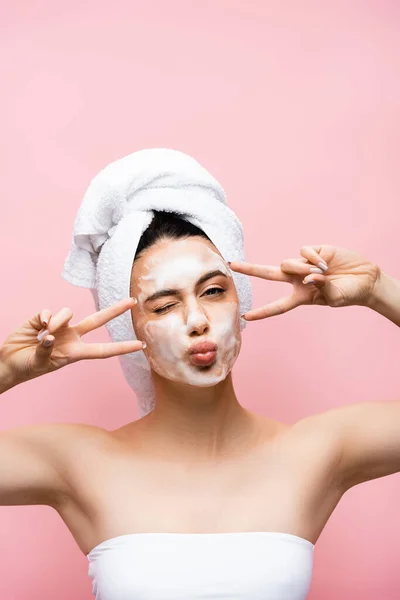 Beautiful Woman Towel Hair Foam Face Grimacing Isolated Pink — Stock Photo, Image