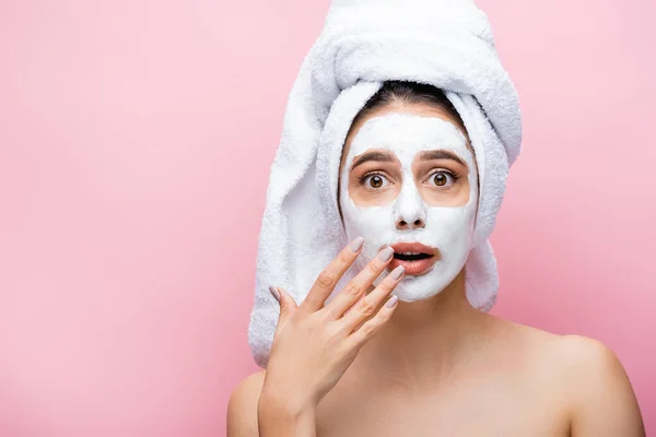 Shocked Beautiful Woman Towel Head Clay Mask Face Isolated Pink — Stock Photo, Image