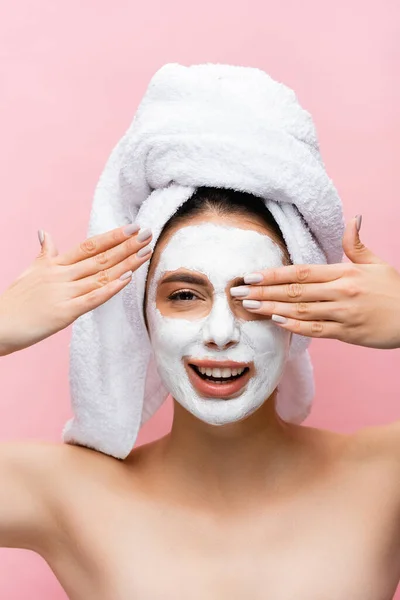 Beautiful Woman Towel Head Clay Mask Face Covering Eyes Isolated — Stock Photo, Image