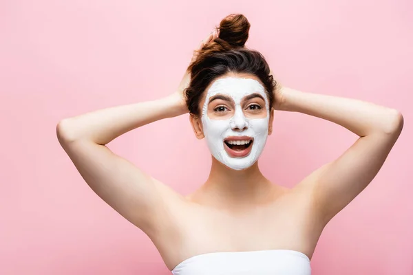 Happy Beautiful Woman Clay Mask Face Isolated Pink — Stock Photo, Image
