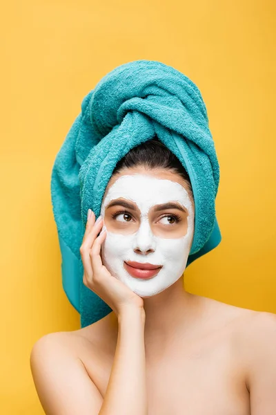 Beautiful Woman Blue Towel Hair Clay Mask Face Isolated Yellow — Stock Photo, Image