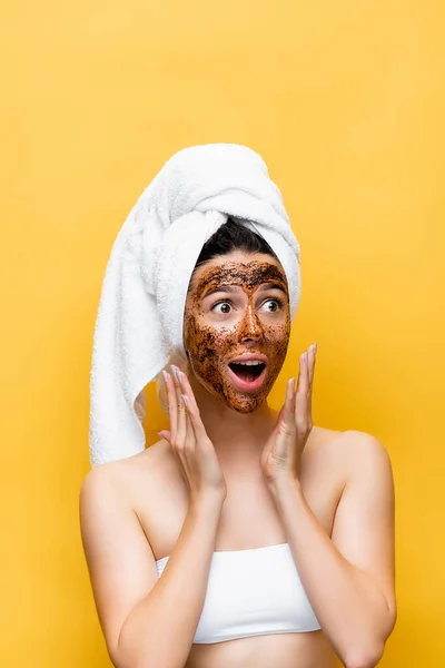 Shocked Beautiful Woman Towel Head Coffee Mask Face Isolated Yellow — Stock Photo, Image