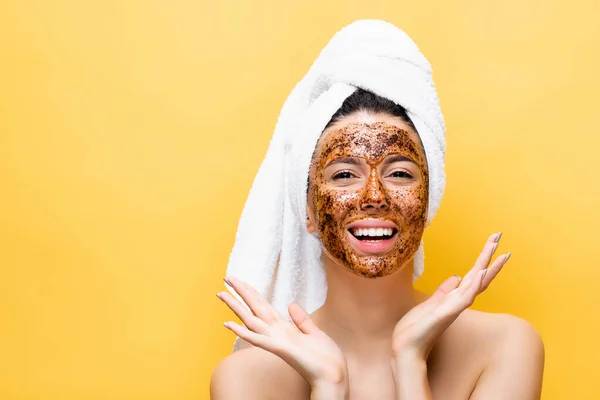 Happy Beautiful Woman Towel Head Coffee Mask Face Isolated Yellow — Stock Photo, Image
