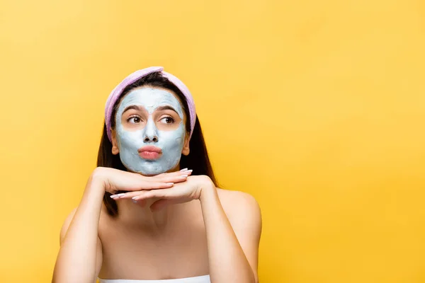 Beautiful Woman Clay Mask Face Isolated Yellow — Stock Photo, Image