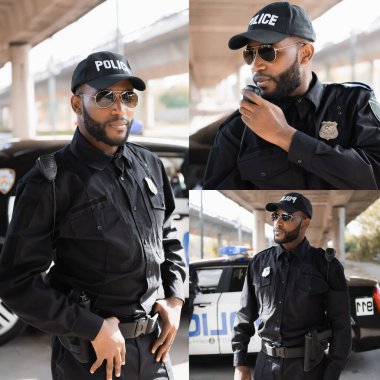 Afrika kökenli Amerikalı polislerin kolajı arabanın yanında duruyor ve radyoda açık alanda bulanık arka planda konuşuyorlar.