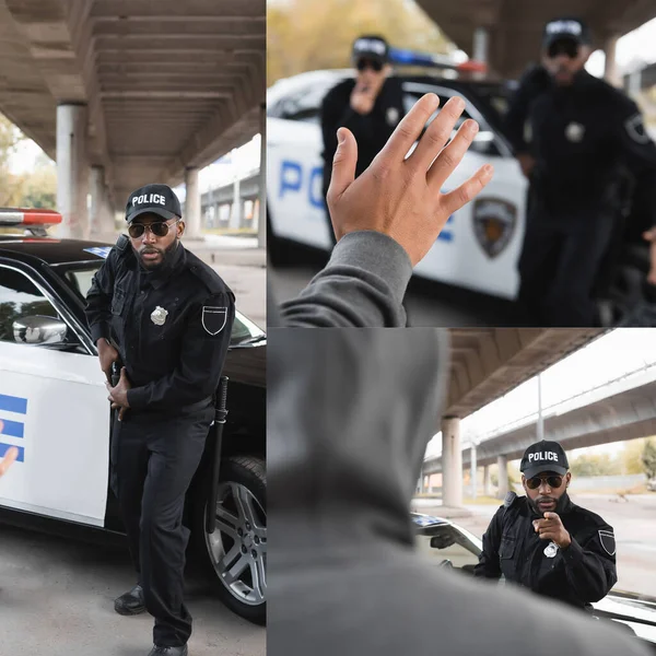 Koláž Afroamerického Policisty Jak Vytahuje Zbraň Ukazuje Prstem Pachatele Venku — Stock fotografie