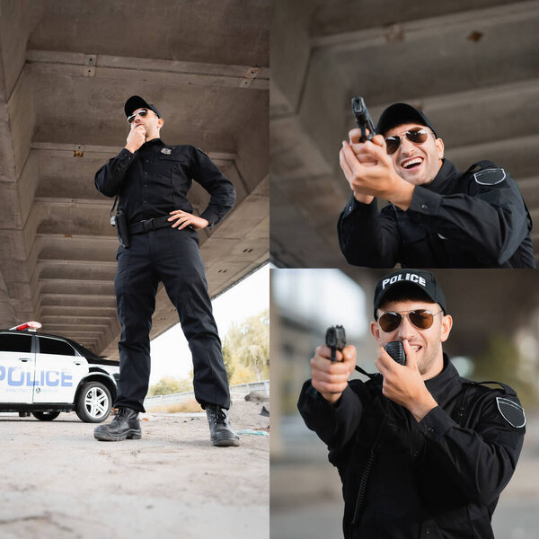 collage of policeman with hand on hip standing near patrol car, holding gun and talking on radio set outdoors