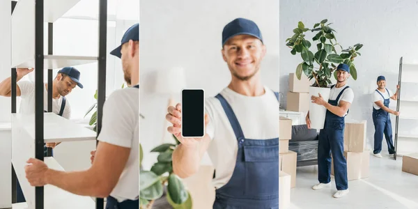 Colagem Movers Carregando Rack Feliz Trabalhador Segurando Smartphone Planta — Fotografia de Stock