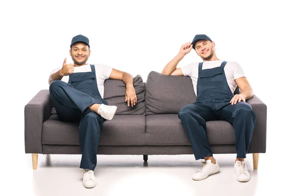 Full Length Happy Indian Worker Showing Thumb Mover Sitting Couch — Stock Photo, Image