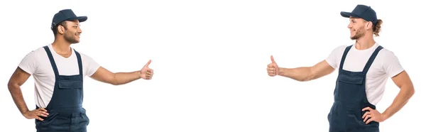 Multicultural Movers Showing Thumbs Looking Each Other Isolated White Banner — Stock Photo, Image