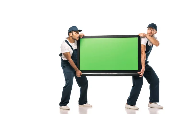 Full Length Multicultural Movers Stealing Plasma Green Screen White — Stock Photo, Image