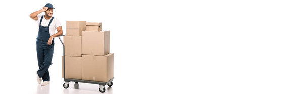 full length of joyful indian mover standing near hand truck with carton boxes and adjusting cap on white, banner