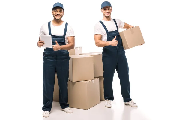 Full Length Cheerful Indian Worker Holding Digital Tablet Standing Mover — Stock Photo, Image