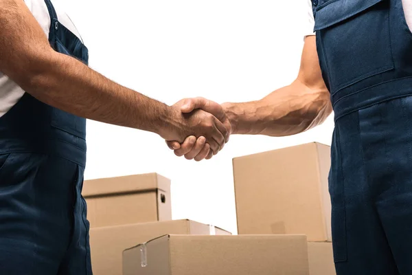 Cropped View Movers Shaking Hands Boxes Isolated White — Stock Photo, Image