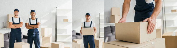 collage of mover in uniform and cap holding box and workers standing with crossed arms in apartment 