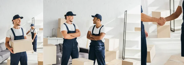 Colagem Movimentador Alegre Segurando Caixa Trabalhadores Uniforme Com Braços Cruzados — Fotografia de Stock