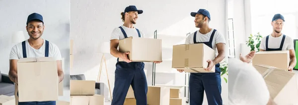 Collage Smiling Multiethnic Movers Caps Uniform Carrying Boxes Apartment — Stock Photo, Image