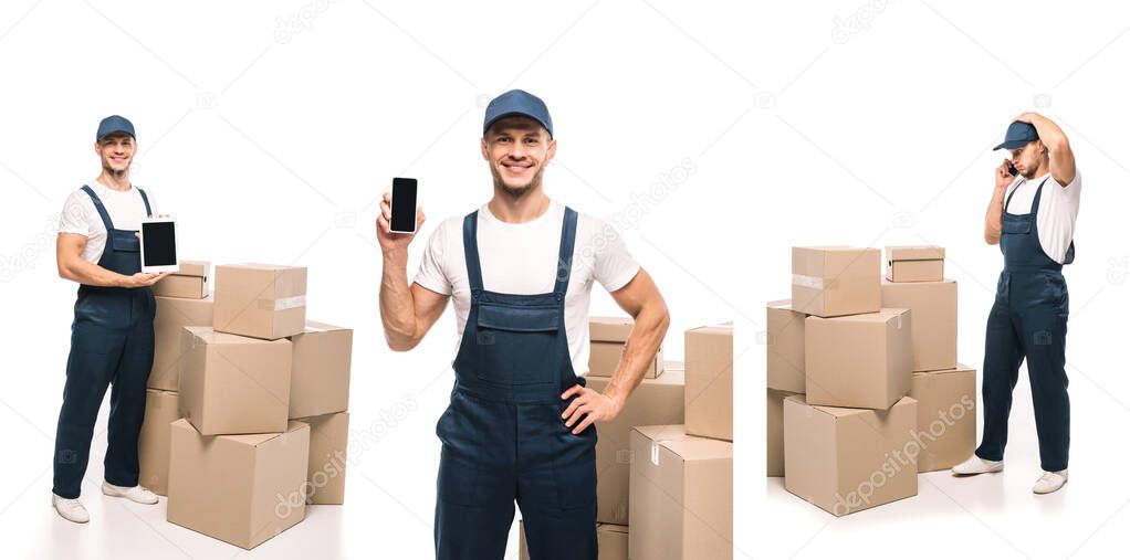 collage of happy mover in uniform holding digital tablet with blank screen and talking on smartphone near carton boxes on white