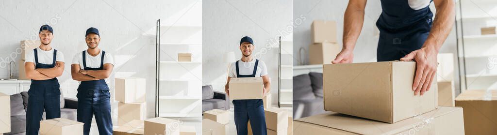 collage of mover in uniform and cap holding box and workers standing with crossed arms in apartment 