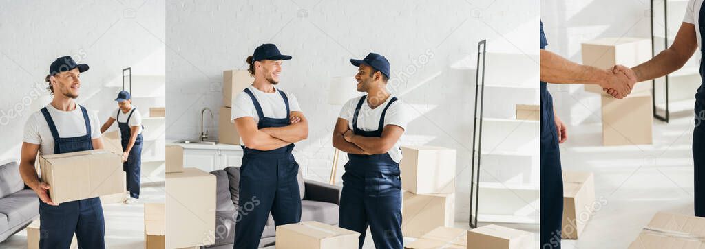 collage of cheerful mover holding box, workers in uniform standing with crossed arms and shaking hands 