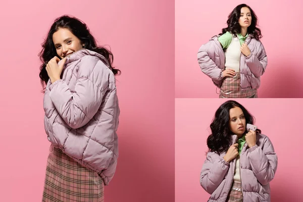 Kolase Brunette Young Woman Puffer Jacket Posing Pink Background — Stok Foto