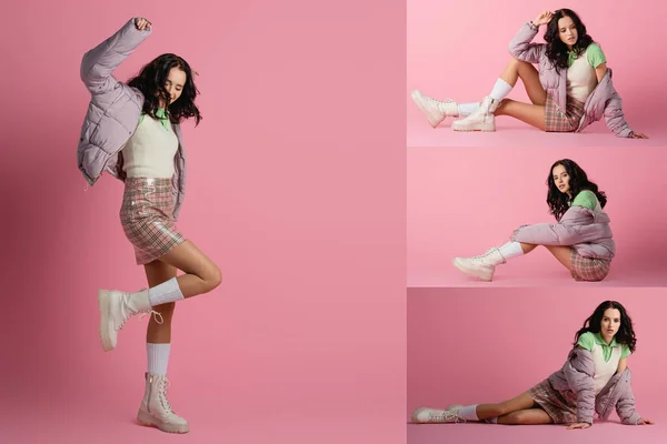 Collage Brunette Young Woman Stylish Winter Outfit Posing Floor Pink — Stock Photo, Image