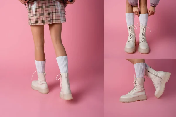 Bijgesneden Weergave Van Vrouwelijke Benen Laarzen Sokken Roze Achtergrond Collage — Stockfoto