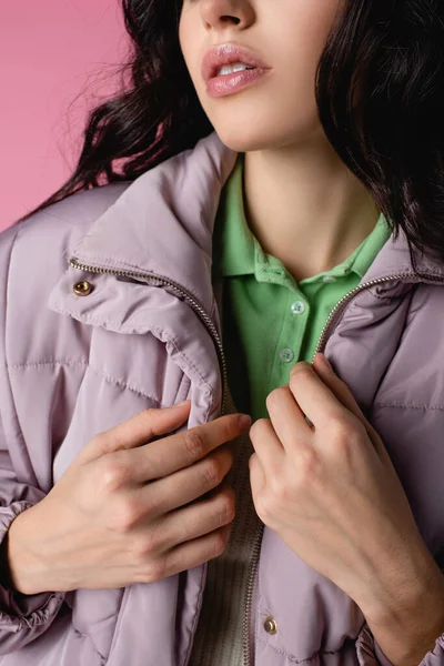 Cropped View Young Woman Stylish Puffer Jacket Pink Background — Stock Photo, Image