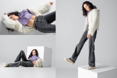 collage of elegant brunette young woman in stylish faux fur jacket posing near cube on white background clipart