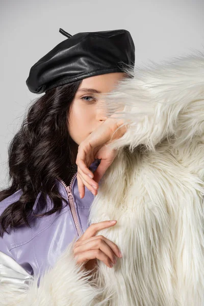 Elegant Brunette Young Woman Stylish White Faux Fur Jacket Leather — Stock Photo, Image