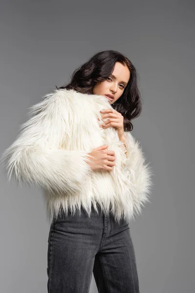 Elegant Brunette Young Woman Stylish White Faux Fur Jacket Posing — Stock Photo, Image