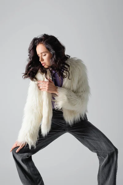 Elegant Brunette Young Woman Stylish Faux Fur Jacket Posing White — Stock Photo, Image