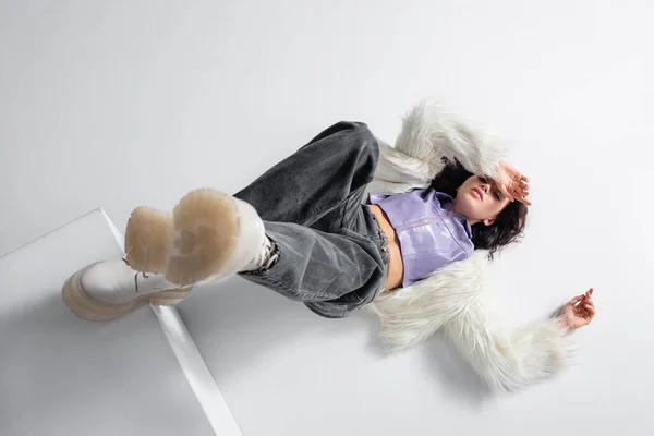 Top View Elegant Brunette Young Woman Stylish Faux Fur Jacket — Stock Photo, Image