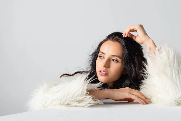 Elegant Brunette Young Woman Faux Fur Jacket Posing Cube White — Stock Photo, Image