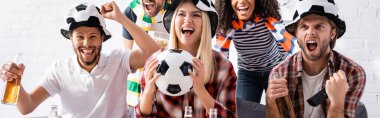 excited multicultural football fans screaming and showing winner gesture while watching championship at home, banner clipart