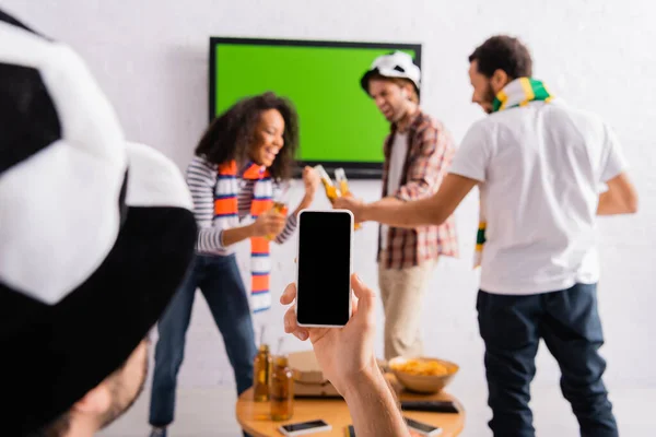 Man Football Fan Hat Taking Photo Multicultural Friends Clinking Beer — Stock Photo, Image