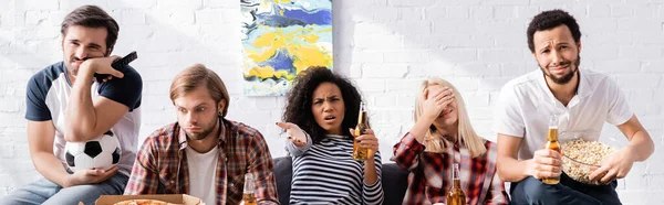 Upset African American Woman Pointing Hand While Watching Football Championship — Stock Photo, Image