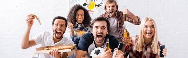 Excited Multicultural Friends Shouting While Watching Football Championship Pizza Beer — Stock Photo, Image