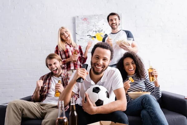 Excited African American Man Soccer Ball Watching Football Championship Multicultural — Stock Photo, Image