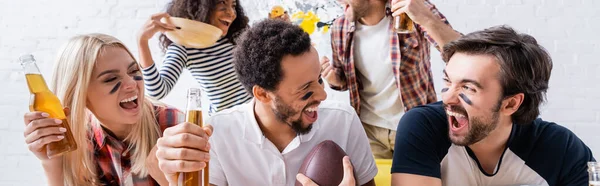 Excited Multiethnic Friends Painted Faces Shouting While Watching Rugby Championship — Stock Photo, Image
