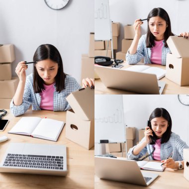 Asyalı gönüllülerin kolajı laptopa bakarken düşünmek ve yardım merkezinde karton kutuların yanında telefonla konuşmak.