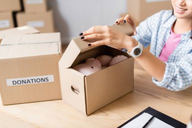 Cropped view of smiling volunteer holding box with soft toy near package with donations lettering and clipboard on table  clipart