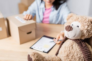 Soft toy near volunteer with boxes and clipboard on blurred background  clipart