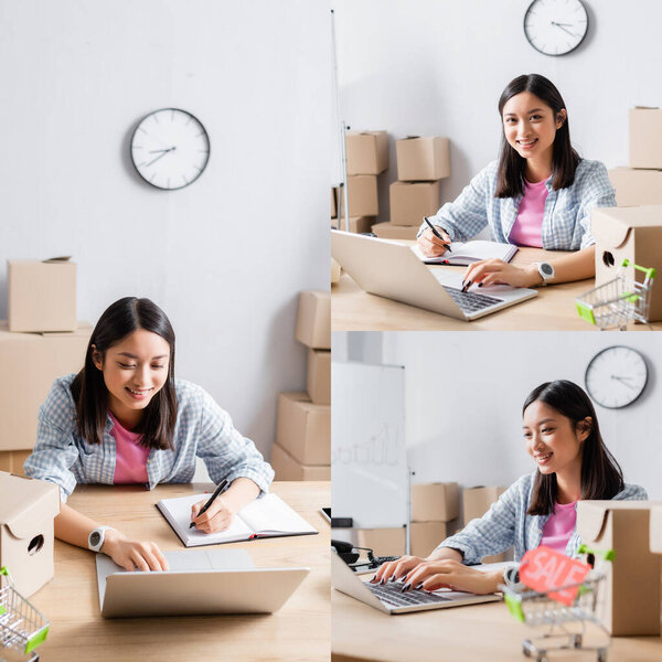 Collage of smiling asian volunteer looking at camera, typing on laptop and writing in notebook at desk near carton boxes