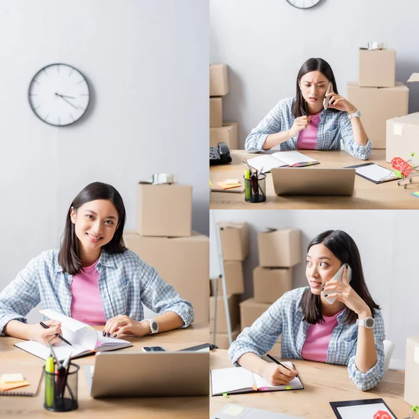 Collage Asian Volunteer Looking Camera Talking Smartphone Looking Laptop Desk — Stock Photo, Image