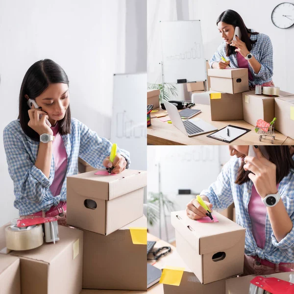 Collage Positive Asian Volunteer Writing Carton Box While Talking Smartphone — Stock Photo, Image