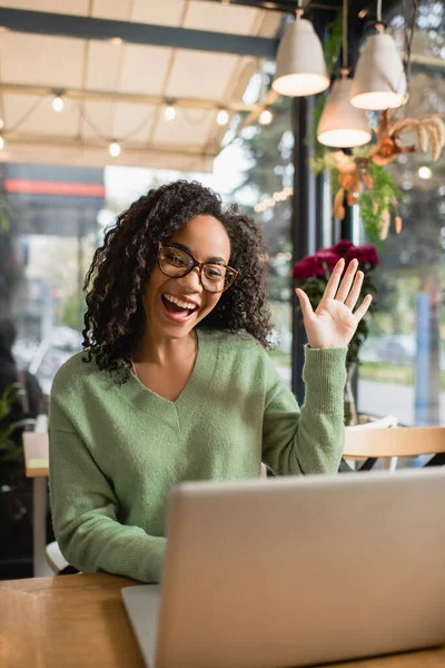 Amazed African American Woman Glasses Waving Hand While Having Video — Stock Photo, Image