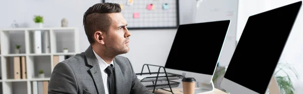 Serious Trader Looking Monitors Blank Screen Office Banner — Stock Photo, Image